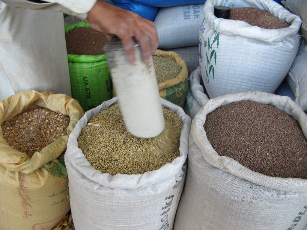 Agricultural seed on sale by a vendor near Islamabad, Pakistan. For improved crop varieties to reach farmers, they usually must first reach local vendors like these, who form an essential link in the chain between researchers, seed producers and farmers. (Photo: M. DeFreese/CIMMYT)
