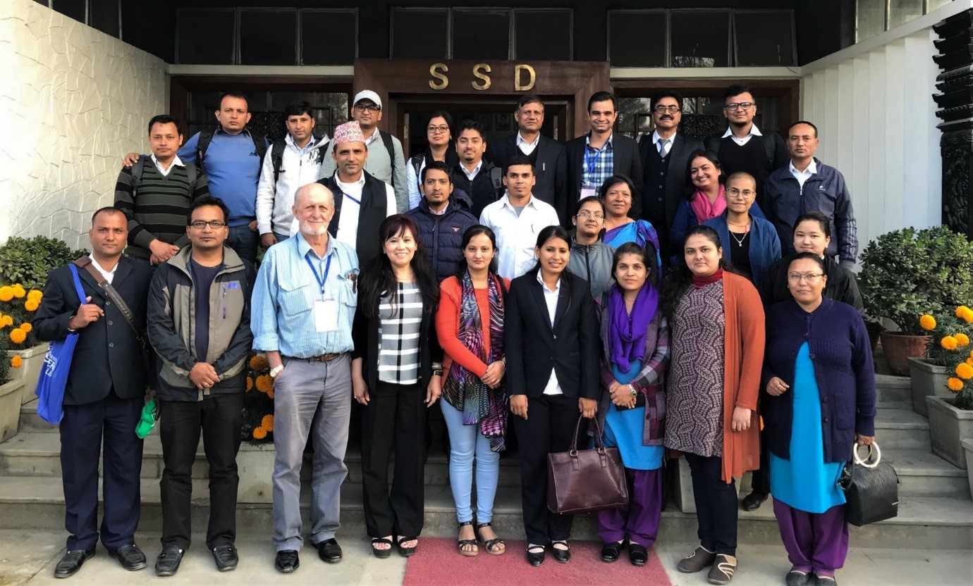 Murray-Prior and Rola-Rubzen pose for a group photo with SRFSI training participants in Kathmandu, Nepal.