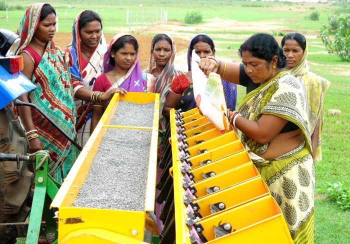 Las mujeres están adoptando la mecanización y utilizan sembradoras automáticas. Foto: CIMMYT/ Wasim Iftikar
