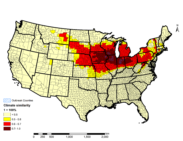 Figura: Condados productores de maíz en EUA que son vulnerables al complejo de la mancha de asfalto (CMA). Este mapa fue generado con base en un procedimiento del análisis del modelo de climas análogos que encontró datos climáticos históricos similares en 13 condados donde el CMA ha sido detectado.