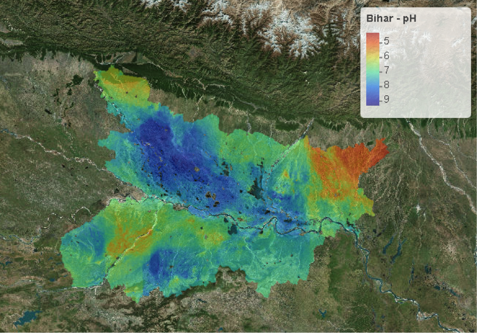 An example of digital soil mapping (DSM), showing pH levels of soil in the state of Bihar. (Map: Amit Kumar Srivastava/CIMMYT)