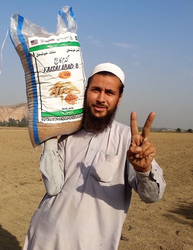 Munfiat, a farmer from Nowshera district, Khyber Pakhtunkhwa province, Pakistan, is happy to sow and share seed of the high-yielding, disease resistant Faisalabad-08 wheat variety. (Photo: CIMMYT/Ansaar Ahmad)