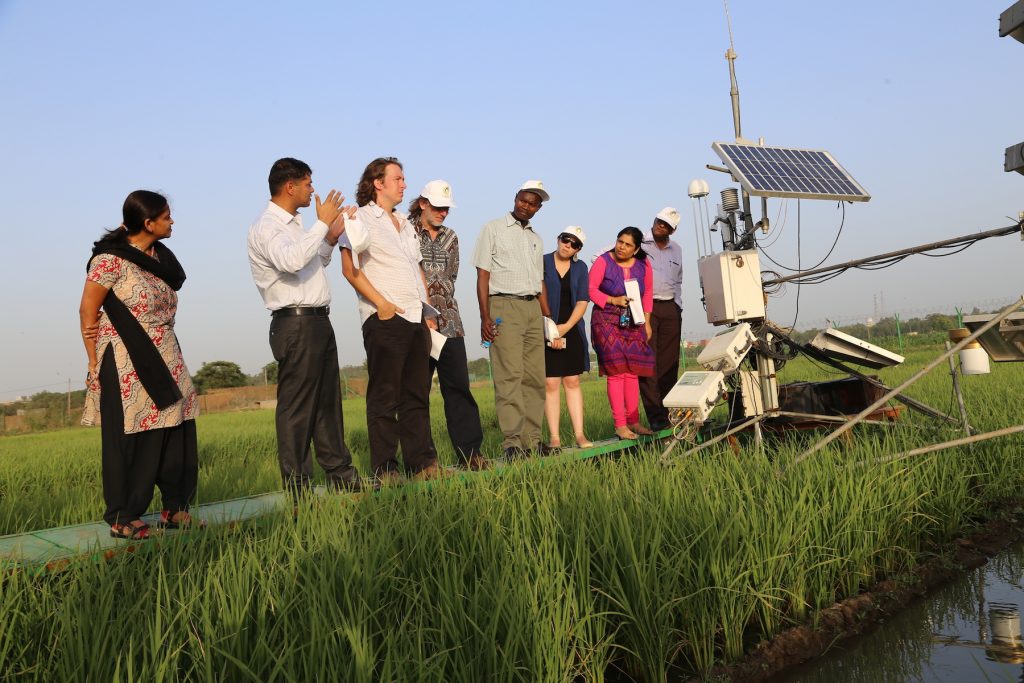 CIMMYT scientist Tek Sapkota (second from left) explains greenhouse gas emissions measurement methods to a visiting group of scientists.