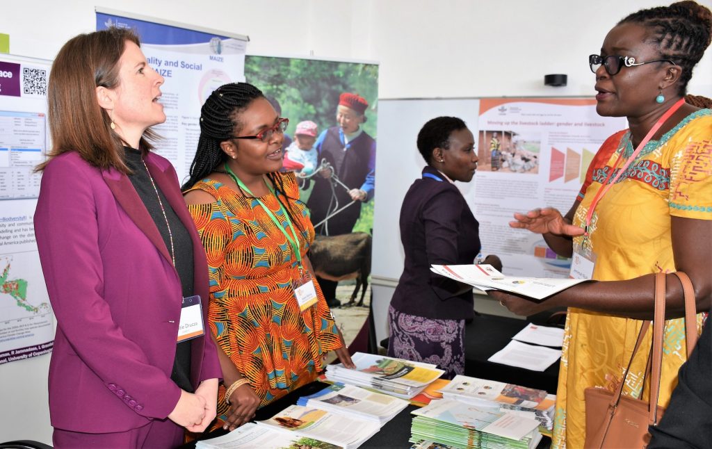 CIMMYT researchers Kristie Drucza (left) and Rahma Adam (second from left) showcased CIMMYT’s gender work at AWARD’s tenth anniversary event in Nairobi. (Photo: Joshua Masinde/CIMMYT)