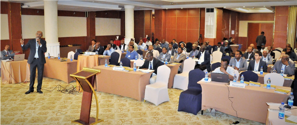 CIMMYT's representative in Ethiopia, Bekele Abeyo, presents the achievements of the project. (Photo: Semu Yemane/EIAR)