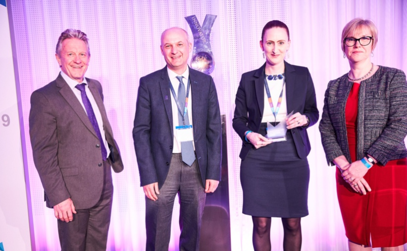 MARPLE team members Dave Hodson and Diane Saunders (second and third from left) stand for a photograph after receiving the International Impact award. With them is Malcolm Skingle, director of Academic Liaison at GlaxoSmithKline (first from left) and Melanie Welham, executive chair of BBSRC. (Photo: BBSRC)