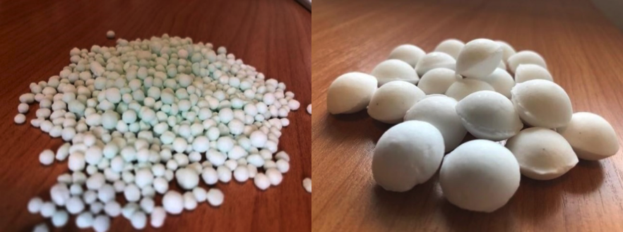 Polymer-coated urea (left) and briquetted urea. (Photo: David Guerena/CIMMYT)