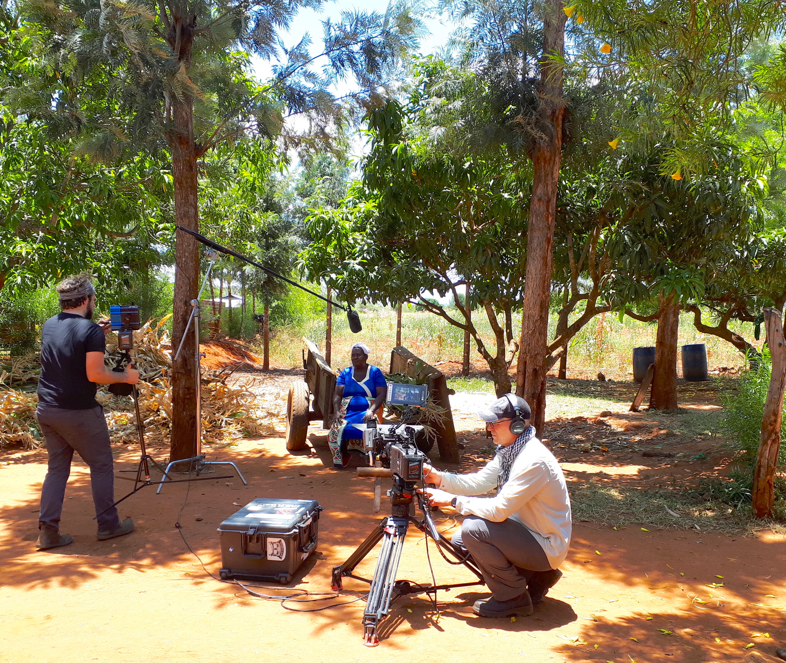 The video crew sets up the interview with Veronica Nduku. (Photo: Jerome Bossuet/CIMMYT)