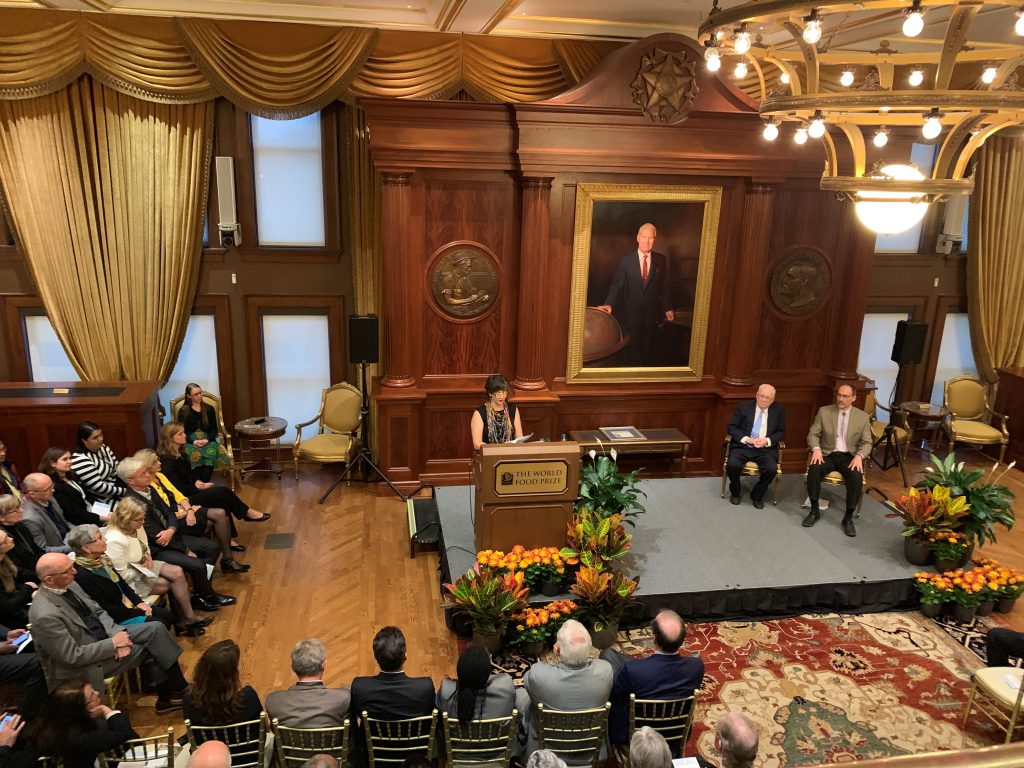 Hale Ann Tufan, recipient of the 2019 Norman E. Borlaug Award for Field Research and Application, speaks at the award ceremony. (Photo: Mary Donovan/CIMMYT)