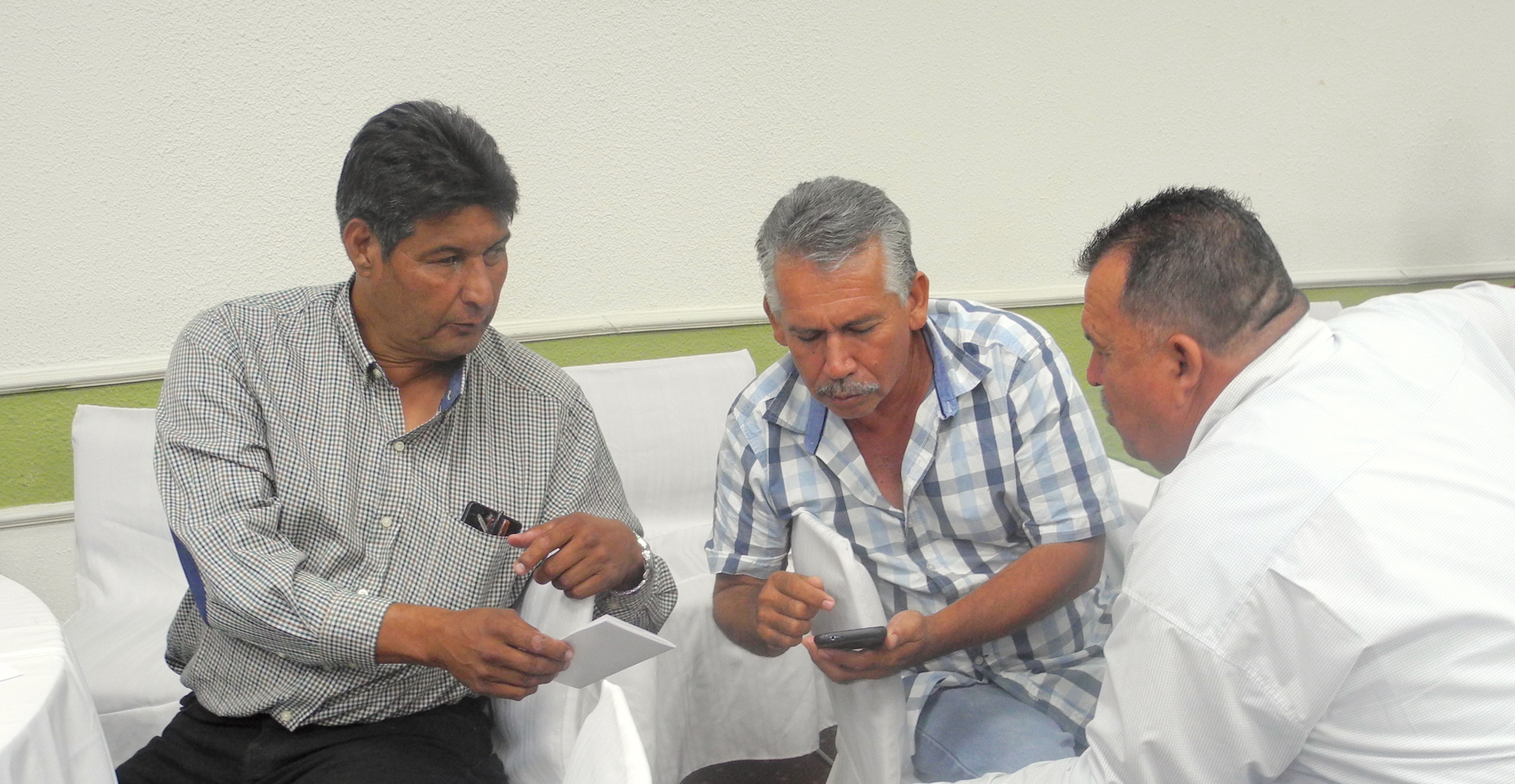 Local farmers test out the COMPASS smartphone app at the workshop in Ciudad Obregon, Sonora state, Mexico. (Photo: Alison Doody/CIMMYT)