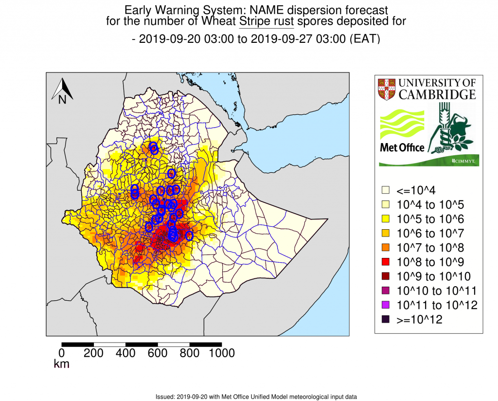 Example of weekly stripe rust spore deposition based on dispersal forecasts. Darker colors represent higher predicted number of spores deposited. (Graphic: University of Cambridge/UK Met Office)