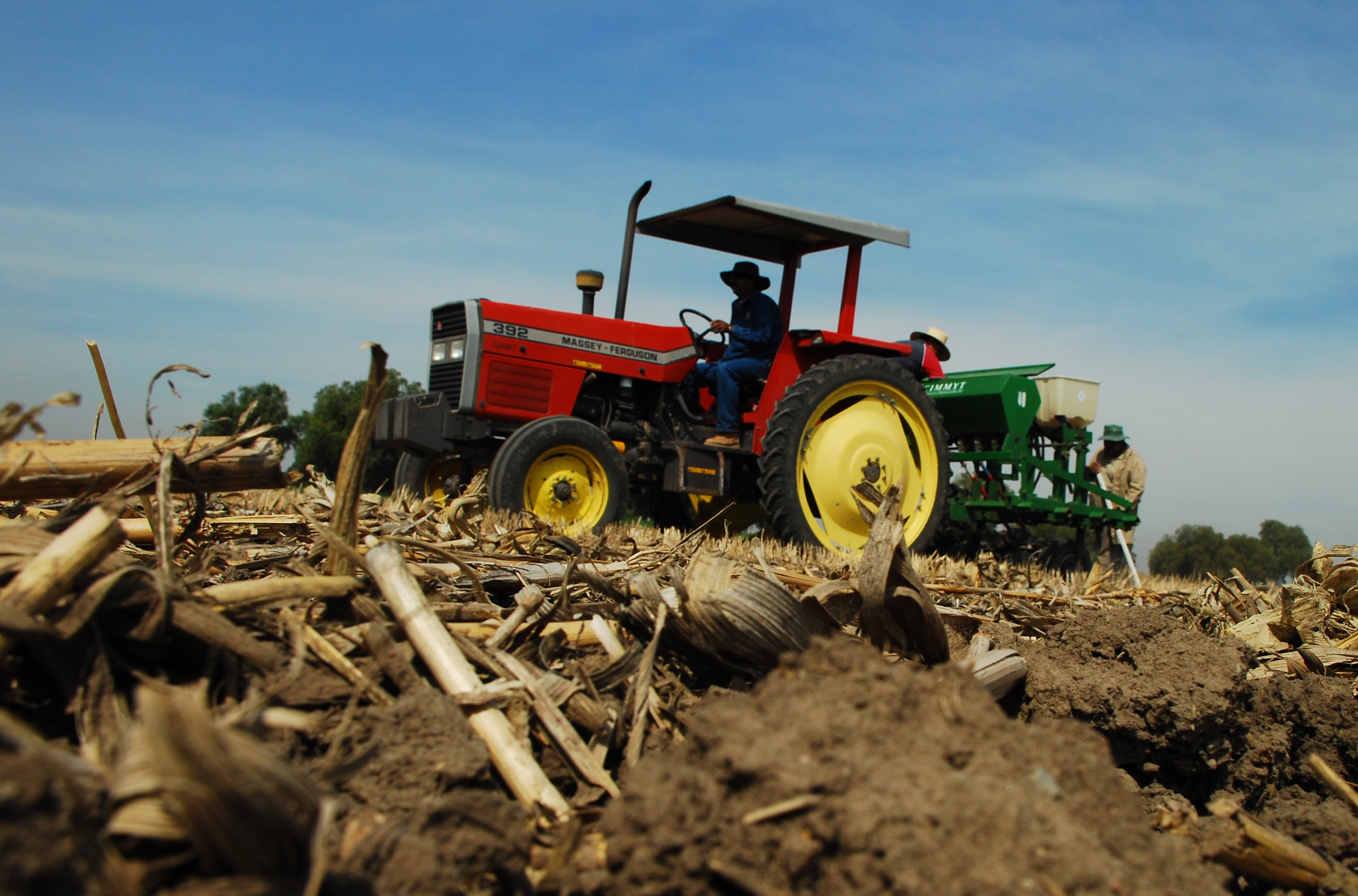 CIMMYT's multi-crop, multi-use zero-tillage seeder at work on a long-term conservation agriculture trial plot at the center's global headquarters in Mexico. Maize crop residues are visible in the foreground. (Photo: CIMMYT)