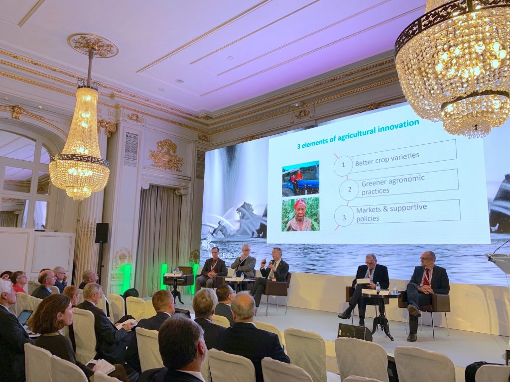 Martin Kropff (center) speaks about CIMMYT's elements of agricultural innovation at the High Level Forum on Sustainable Plant Nutrition. (Photo: Marta Millere/CIMMYT)