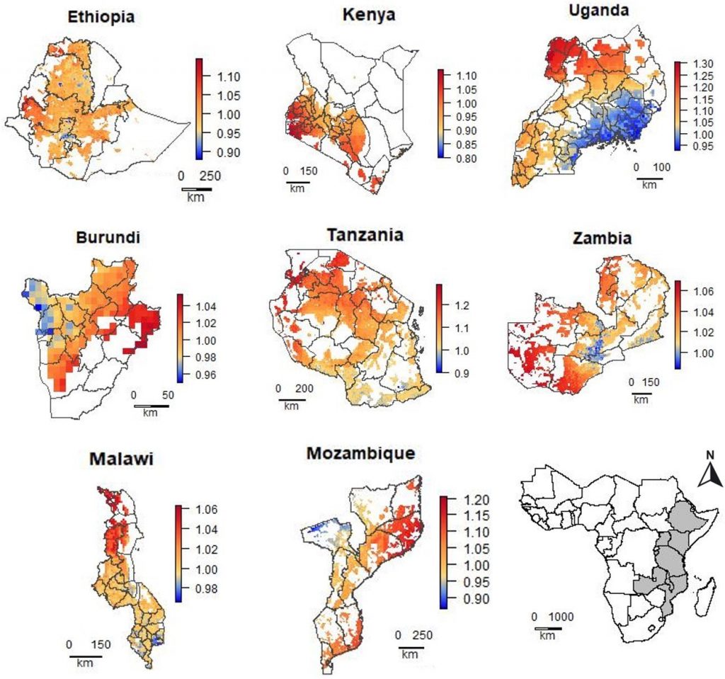 Predicted relative urea price (local price divided by the observed median national price) for areas with crop land in eight East African countries.
