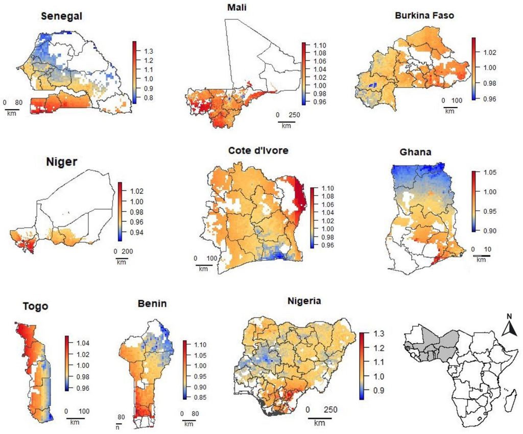 Predicted relative urea price (local price divided by the observed median national price) for areas with crop land in nine West African countries.