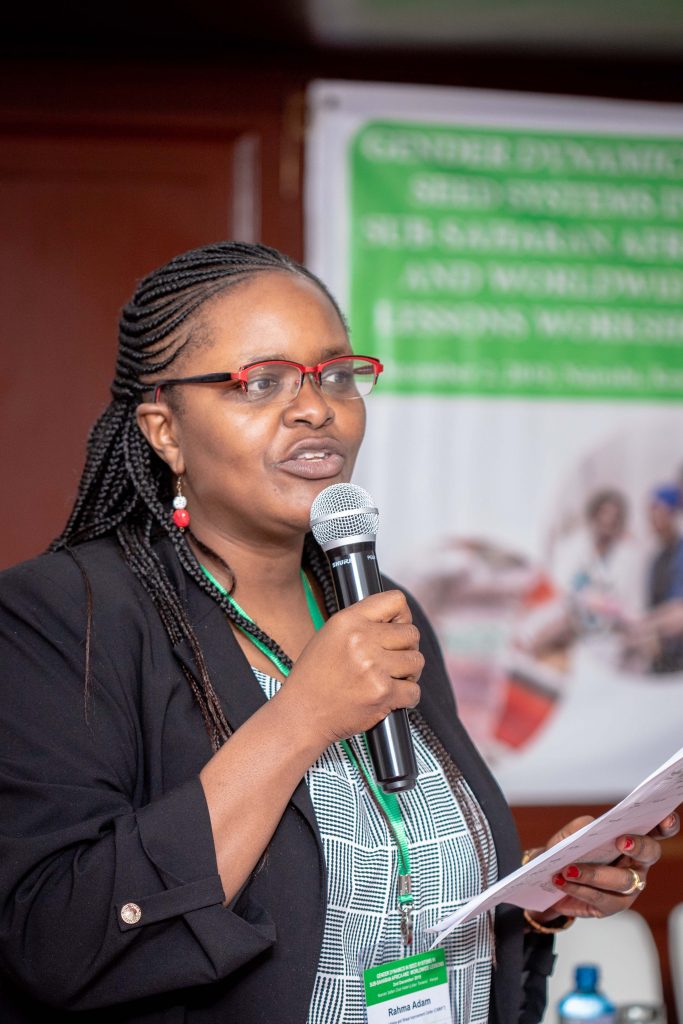 CIMMYT’s gender and development specialist Rahma Adam addresses participants at the “Gender dynamics in seed systems in sub-Saharan Africa” workshop. (Photo: Kipenz Films/CIMMYT)