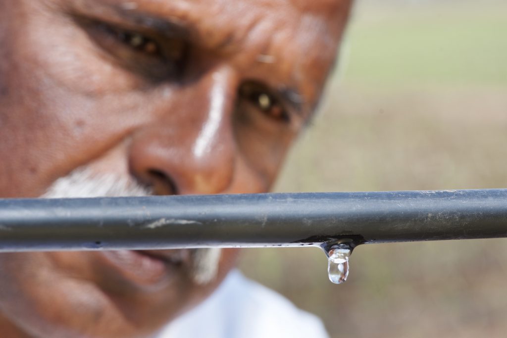 A farmer checks the drip irrigation system at his rice field in India. (Photo: Hamish John Appleby/IWMI)