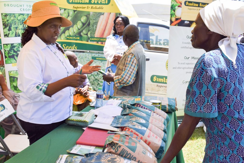 A seed company representative shows seeds to a farmer during the visit to the demonstration farm. (Photo: Joshua Masinde/CIMMYT)