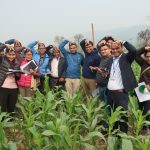 Training participants imitate the fall armyworm’s white inverted Y mark visible on the front of the head of the larva. (Photo: Bandana Pradhan/CIMMYT)