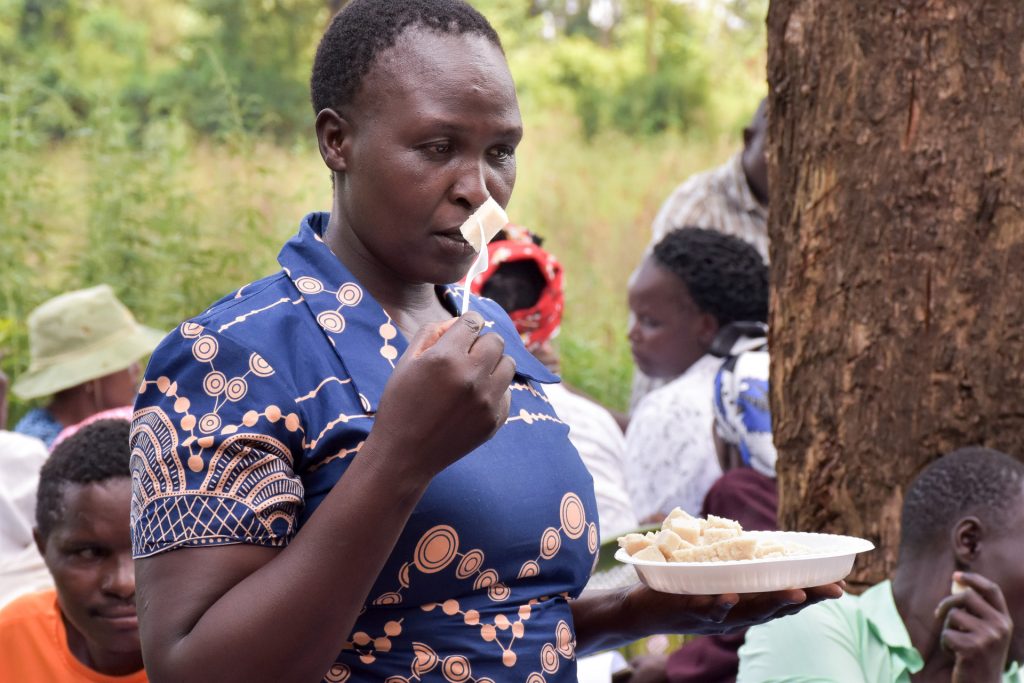 Participants were asked to rate the smell of different maize varieties, cooked as ugali, at a sensory evaluation in Kakamega County, Kenya. (Photo: Joshua Masinde/CIMMYT)