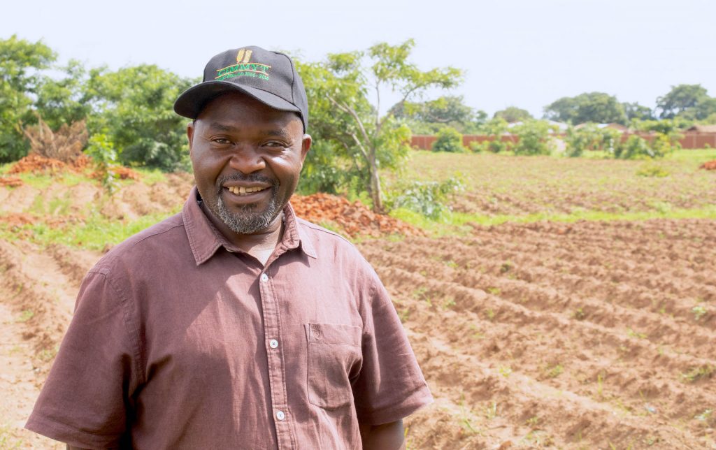 Chingati Phiri stands in front of a CPM plot reading for sowing in Bunda, Malawi. (Photo: Emma Orchardson/CIMMYT)