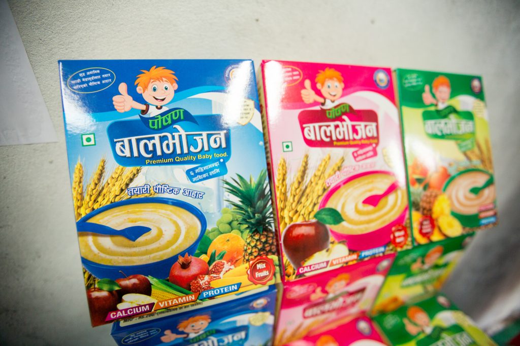 Poshan Foods uses mung bean for a wide range of products but has been particularly successful with baby food, which includes important nutrition advice for parents. (Photo: Merit Maharajan/Amuse Communication)