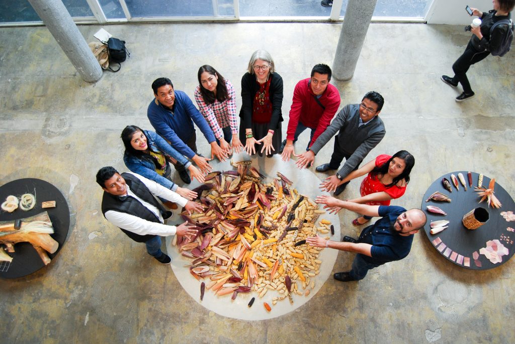 Members of the CIMMYT Germplasm Bank team stand for a photo with a variety of landraces at an exhibition of the Totomoxtle project in Mexico City. (Photo: Emilio Diaz)