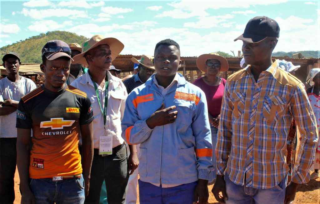 Targeting youth in interventions such as the Farm Mechanization and Conservation Agriculture for Sustainable Intensification (FACASI) project provides pathways for training in appropriate mechanized solutions to support farmers in rural areas. The enterprising Mwanga Youth Group members Pinnot Karwizi (28), Shepherd Karwizi (26) and Masimba Mawire (32) provide grain shelling services to farmers in Makonde District, Zimbabwe. (Photo: Shiela Chikulo/CIMMYT)