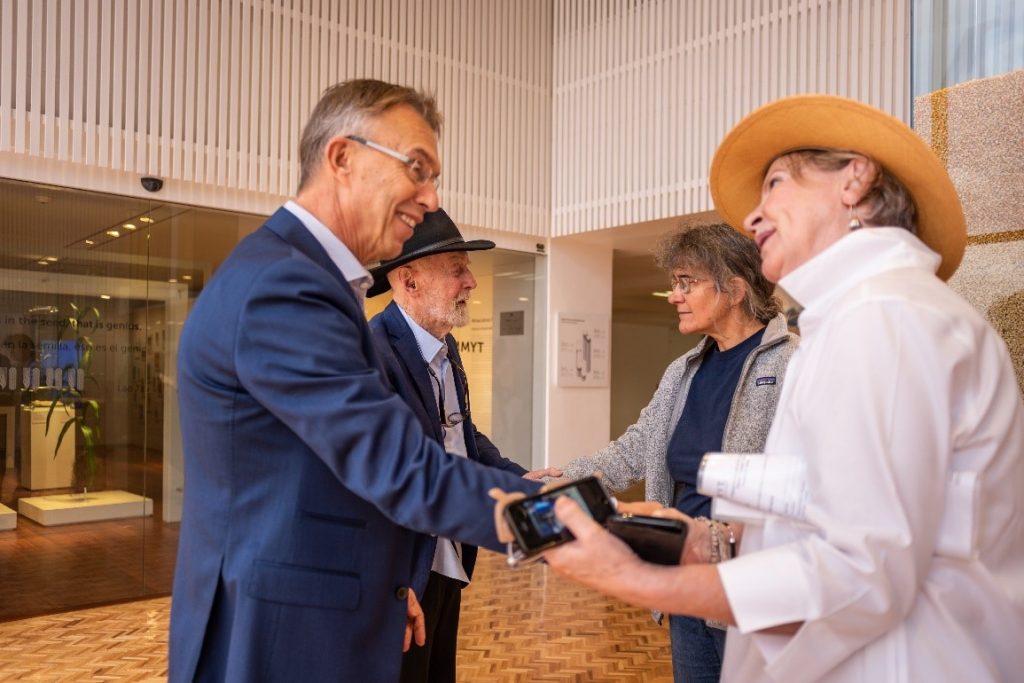 Director General Martin Kropff (left) and former Deputy Director General Marianne Bänziger (third from left) greet Donald Winkelmann and his wife Breege during a visit to the CIMMYT headquarters in October 2019. (Photo: CIMMYT)