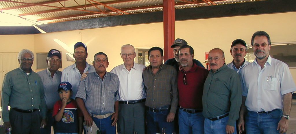 Left to right: Sanjaya Rajaram, unknown, unknown, unknown, Norman E. Borlaug, unknown, Ken Sayre, Arnoldo Amaya, Rodrigo Rascon and Hans Braun during Norman Borlaug's birthday celebration in March 2006. (Photo: CIMMYT)