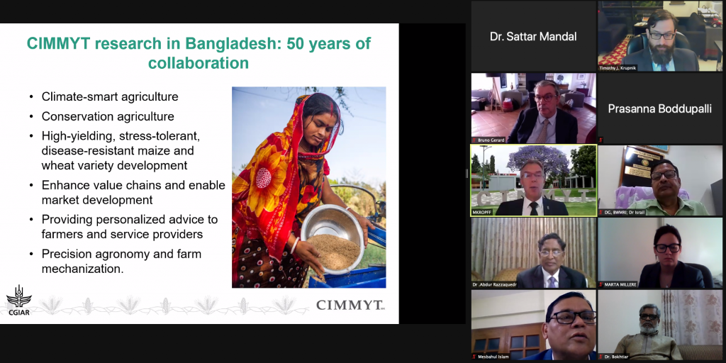 Martin Kropff gives an overview of CIMMYT research in Bangladesh during a virtual meeting with stakeholders. (Photo: CIMMYT)