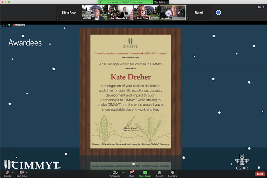 Kate Dreher receives her certificate during the virtual award ceremony. (Photo: CIMMYT)