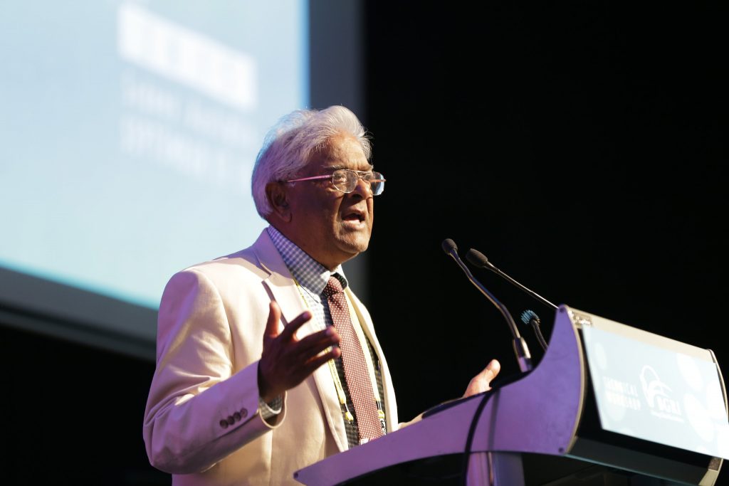 Sanjaya Rajaram speaks at the 2015 BGRI Workshop in Sydney, Australia. (Photo: Christopher Knight/CIMMYT)