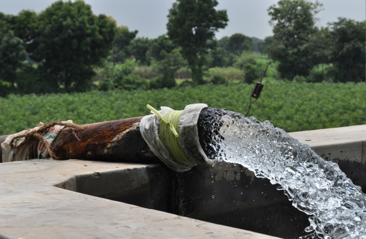 Water pumped from a deep irrigation well, called a tube well, at a wheat farm in west India's Gujarat state. (Photo: Meha Jain)