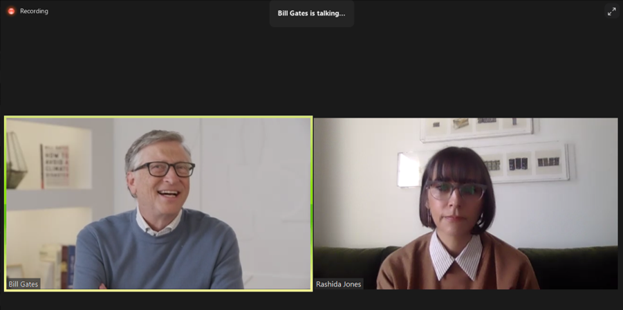 Bill Gates (left) talks to Rashida Jones during one of the events to present his new book. 