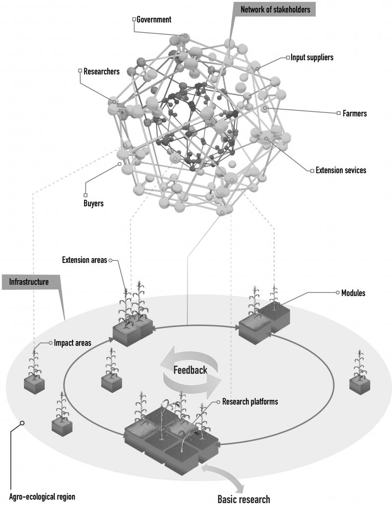 Schematic illustration of CIMMYT's knowledge and technology development networks, or hubs, for sustainable maize and wheat production systems. (Graphic: CIMMYT)