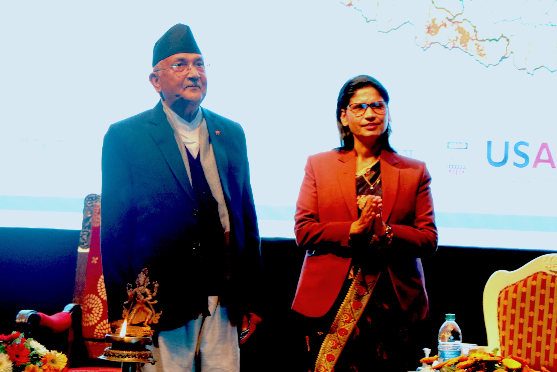 K.P. Sharma Oli (left), Prime Minister of Nepal, and Padma Kumari Aryal, Minister of Agriculture and Livestock Development, launch the digital soil map. (Photo: Shashish Maharjan/CIMMYT)