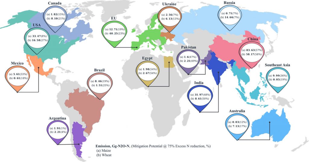 Un mapa muestra los principales puntos de las emisiones de nitrógeno relacionadas con la producción de maíz y trigo. (Gráfico: Tesfaye et al./CIMMYT)