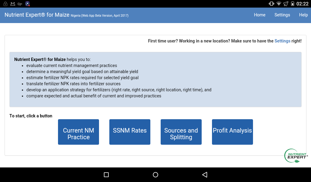 Interface of the Nutrient Expert mobile app, locally calibrated for maize farmers in Nigeria. 