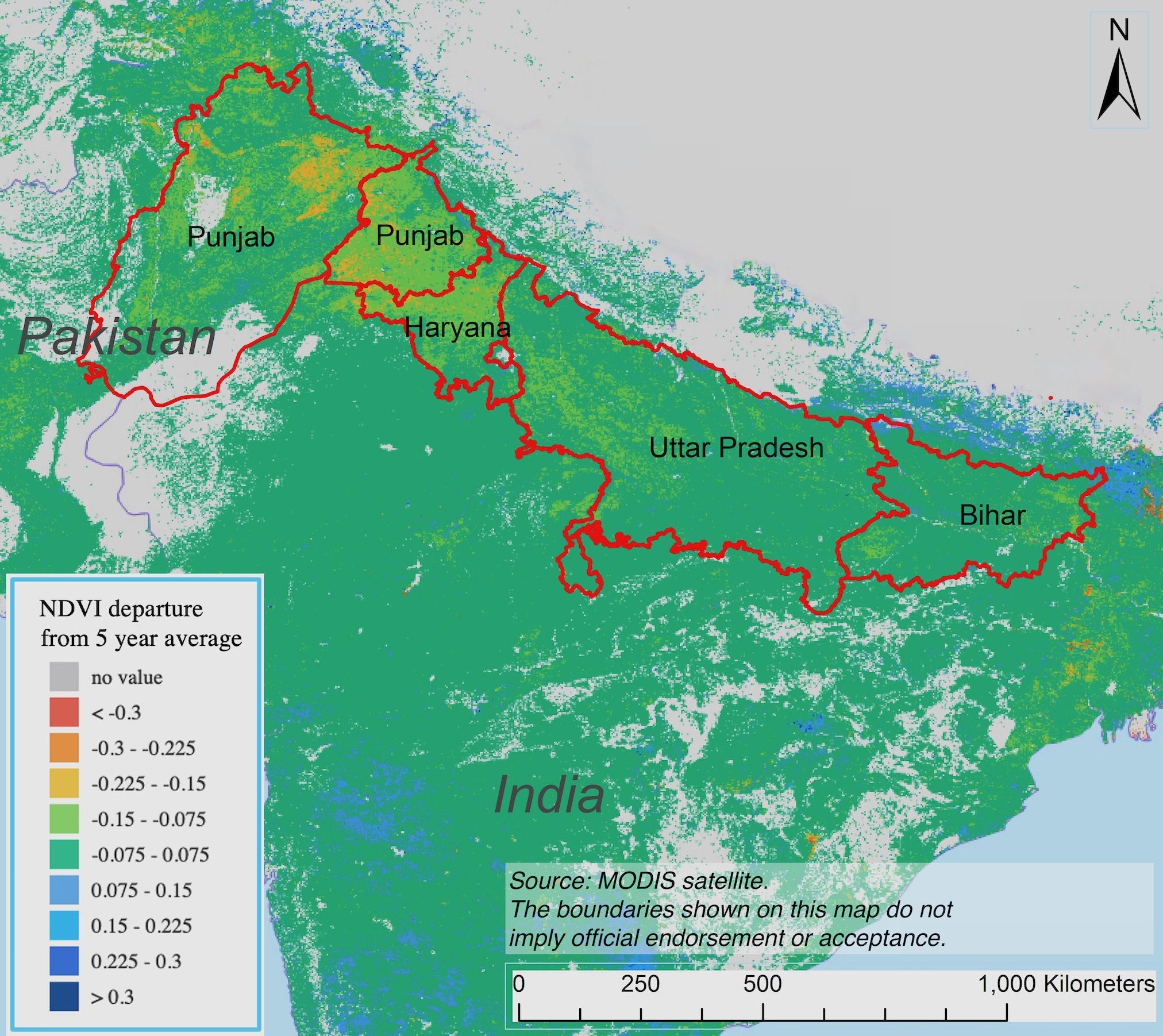 Departure of the normalized difference vegetation index (NDVI) during the period from March 22 to April 7 from the average of the previous five years. The NDVI is a measure of the leaf area and the greenness of vegetation. The yellow areas in the Punjabs of India and Pakistan, as well as in the state of Haryana, indicate that wheat matured earlier than normal due to elevated temperatures. Maximum temperatures reached 40⁰C on March 15 and remained at or above this level throughout the wheat harvesting period. (Map: Urs Schulthess/CIMMYT).