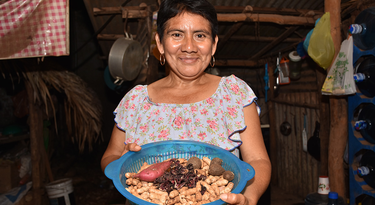 La productora Petronila Chan, de Campeche, México, muestra la diversidad de semillas que resguarda y cultiva. (Foto: Fernando Morales/CIMMYT)