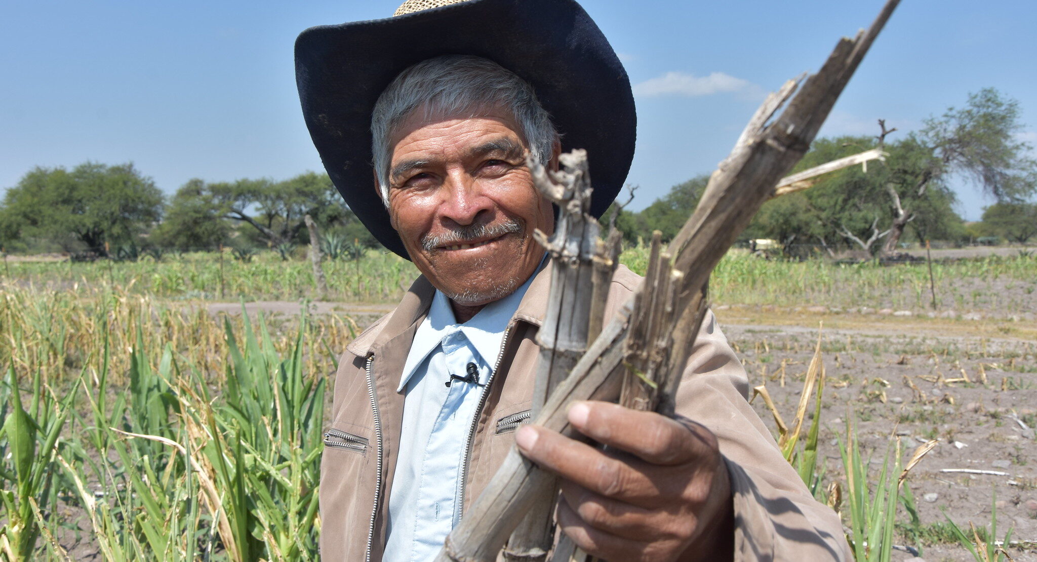 El productor Ventura González muestra un poco de rastrojo, mismo que le ha permitido a sus cultivos reducir las afectaciones por sequías prolongadas. (Foto: Francisco González / CIMMYT)
