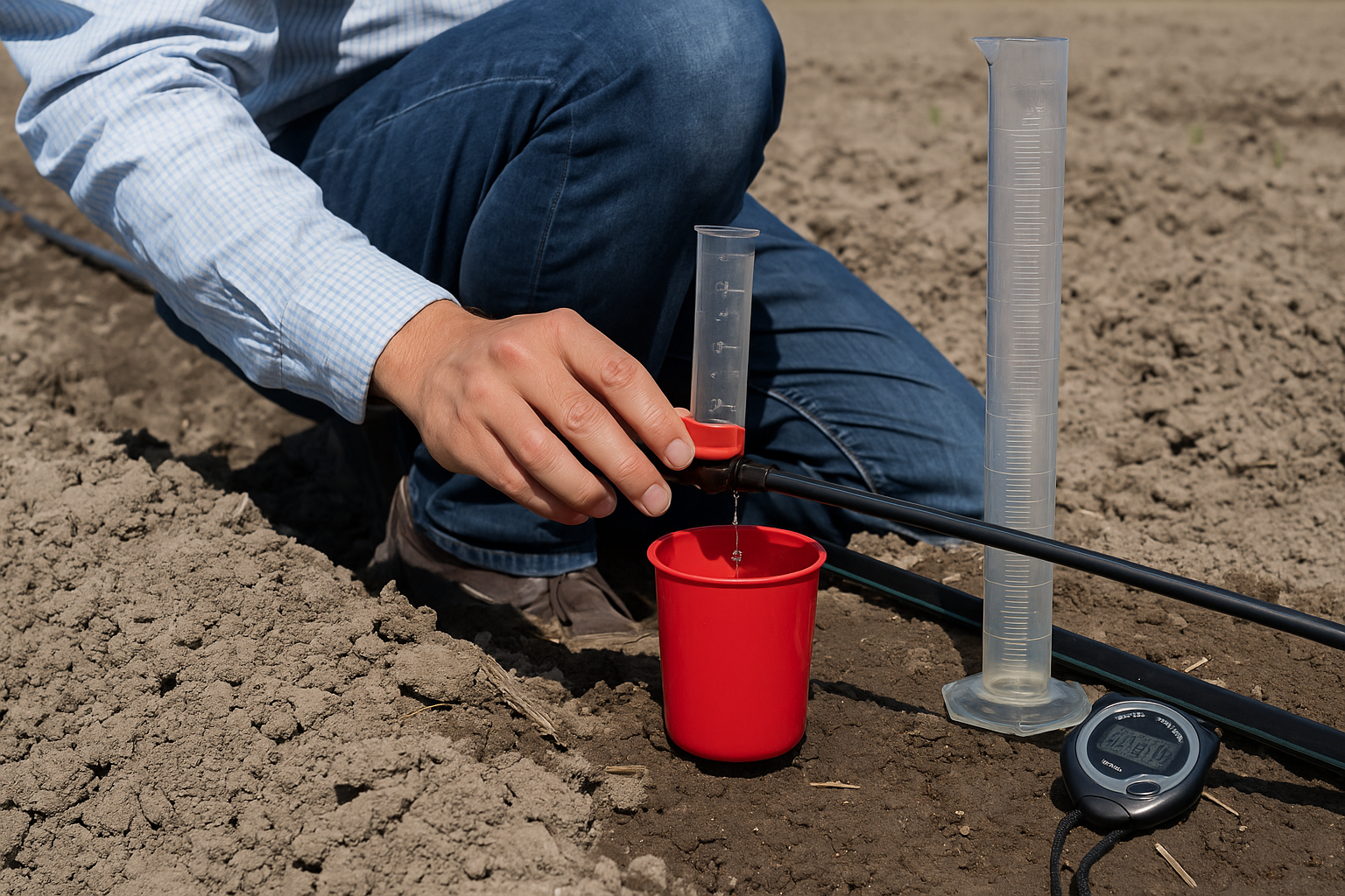 Medición del caudal en campo: un productor recolecta el agua emitida por la cintilla de riego en un recipiente, utilizando cronómetro y probeta para calcular con precisión el volumen aplicado. (Foto: Open AI, ChatGPT)