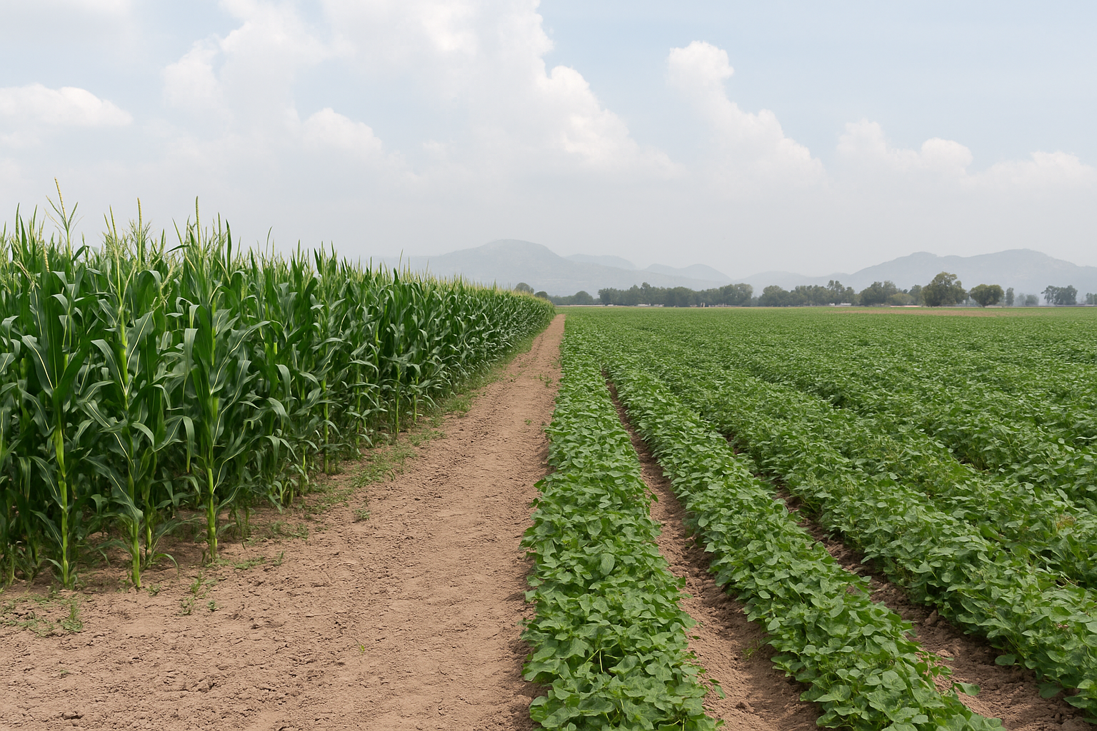 Sistema agrícola diversificado con cultivos de distintas exigencias hídricas. (Foto: Open AI, ChatGPT)