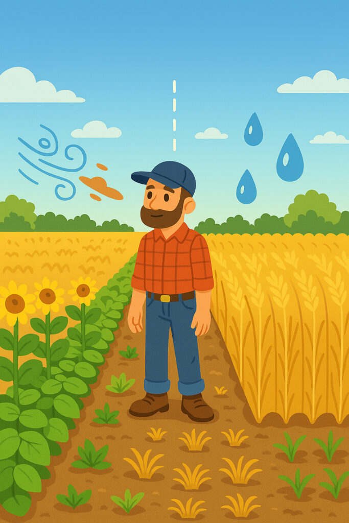 Un campesino siembra distintos cultivos para que la tierra se mantenga sana. (Imagen: Open AI)