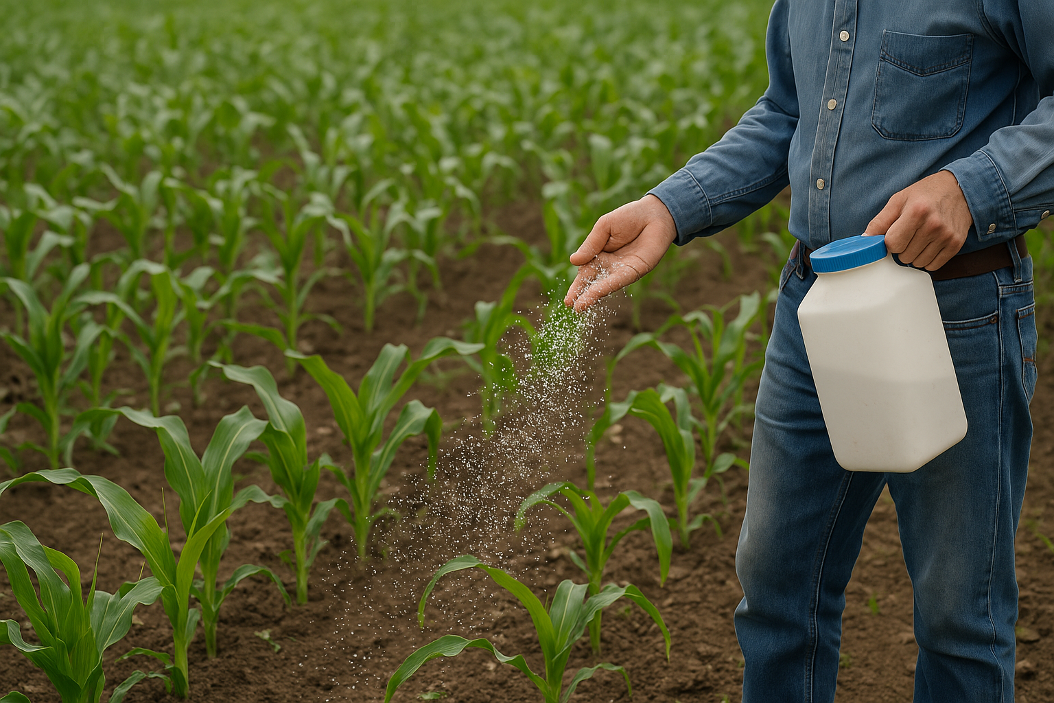 Un agricultor aplica fertilizante de forma manual sobre plantas jóvenes de maíz, en una estrategia orientada a mejorar la eficiencia del uso de nutrientes en el campo. (Foto: Open AI)