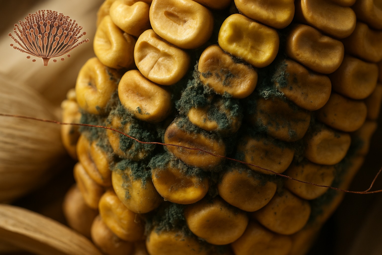 Mazorca de maíz con signos visibles de contaminación por aflatoxinas, provocada por el hongo Aspergillus flavus. (Ilustración: IA)