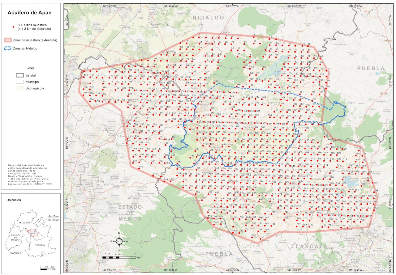 Mapa del acuífero de Apan. Ubicación de 800 sitios de muestreo en zonas agrícolas, con énfasis en el área del acuífero dentro de Hidalgo. Elaborado por el Laboratorio de SIG – CIMMYT, 2023.