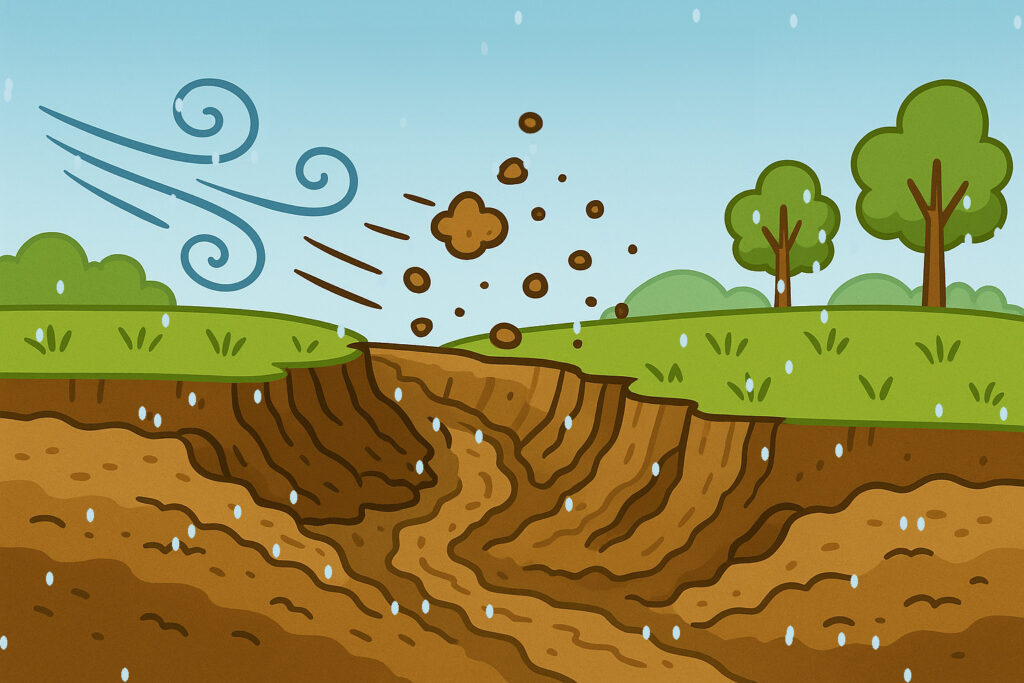 El viento y la lluvia se llevan la tierra. (Imagen: Open AI)