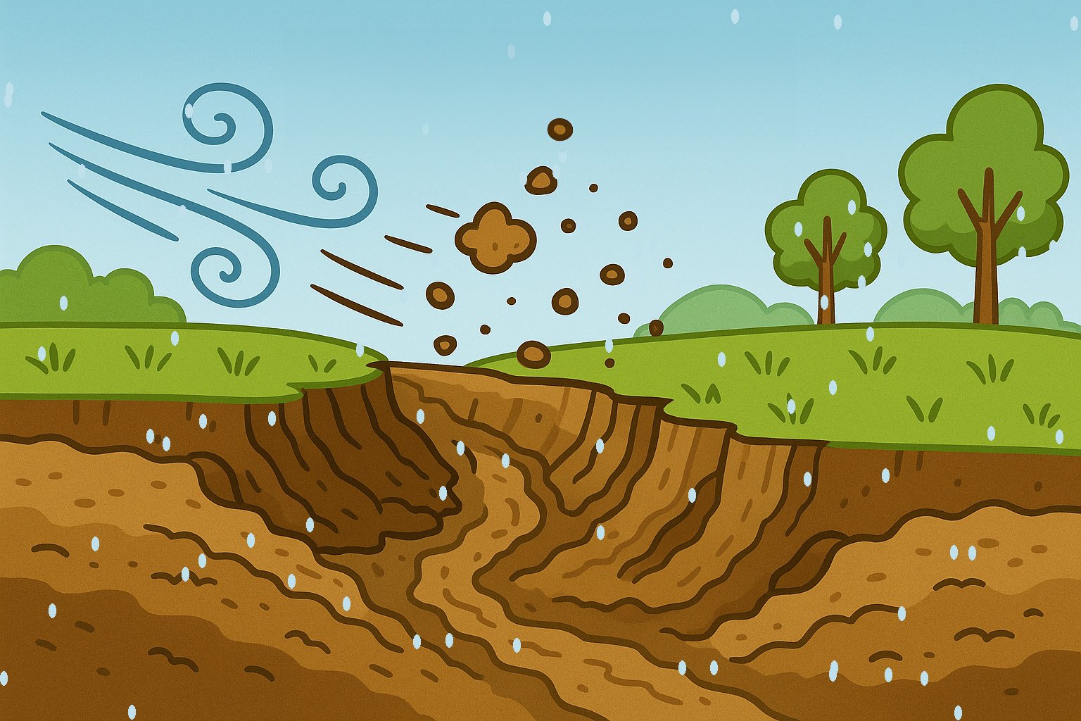 El viento y la lluvia se llevan la tierra. (Imagen: Open AI)